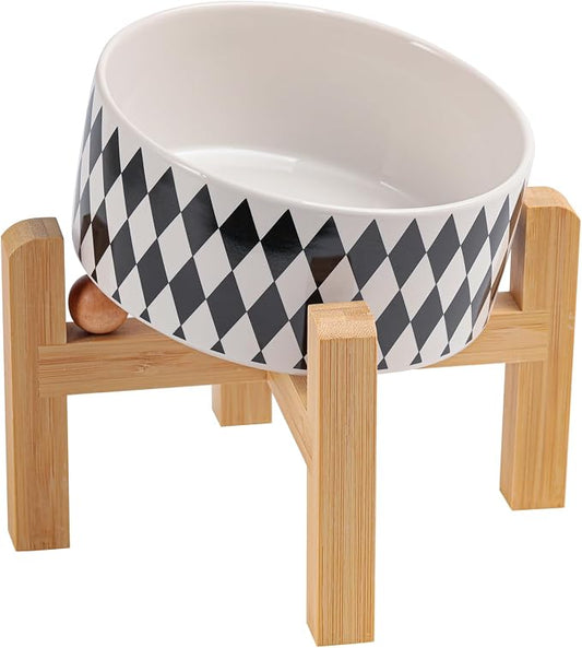 Elevated/Raised 15°Tilted Anti Slip Ceramic Dog Bowl for Small/Medium Breeds,Slanted Bulldog Big Face Pet Food Water Feeding Dish with Stand for Cats and Dogs (3.6 Cups/28 OZ) Black Chestnut