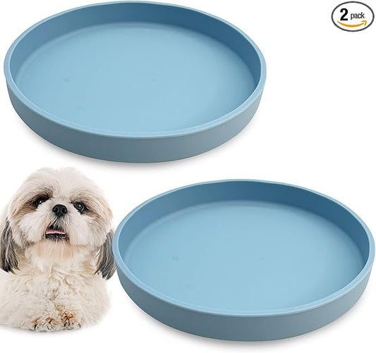 Silicone Dog Bowl Shallow Cat Food Bowls 7" Wide Puppy Plates Whisker Fatigue Pet Feeding Dishes Set of 2 for Dry and Wet Food Indoor (Round Blue)
