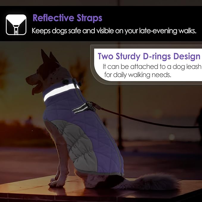 AOFITEE Dog Coat, Warm Dog Jacket, Reflective Winter Coats for Medium Dogs, Turtleneck Dogs Winter Jacket with Harness Built in, Waterproof Windproof Pet Fleece Vest Puffer Jacket, Lilac M