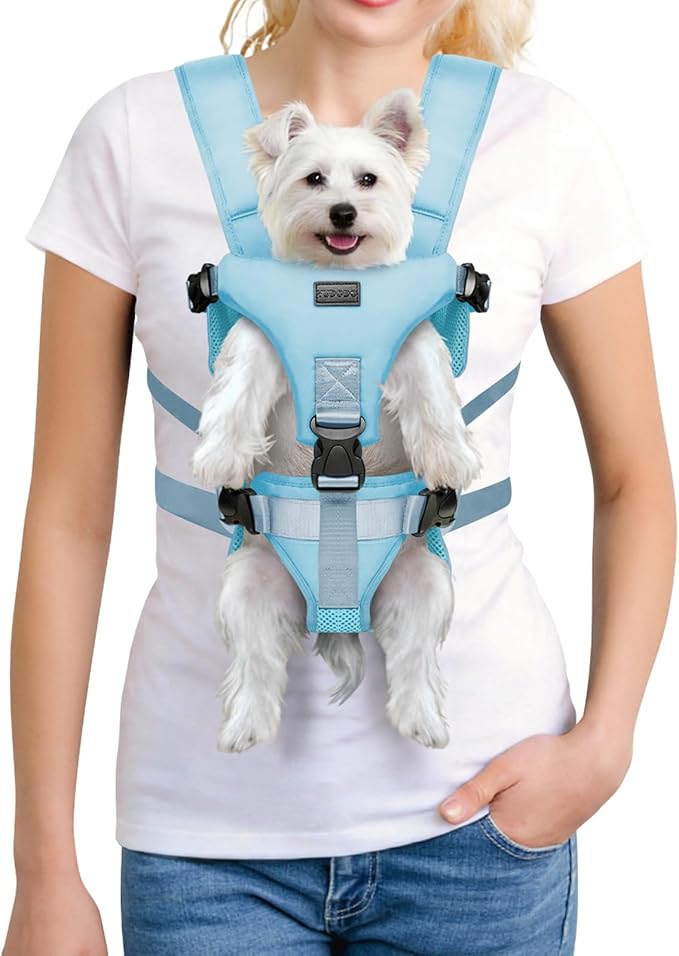 YUDODO Front Pet Carrier Backpack for Small Dogs and Cats, Secure and Breathable Mesh, Ergonomic Support, Adjustable for Walking, Hiking, or Travel (Blue M)