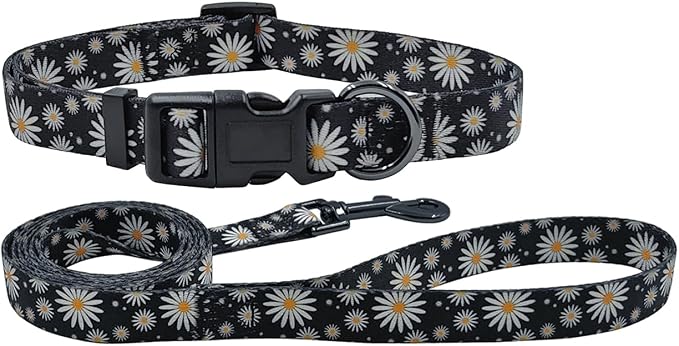 Dog Collar Leash Set, Floral Pattern, Polyester Material, Adjustable Collar and 5ft Matching Leash, for Large Dogs.(L, Black Daisy)