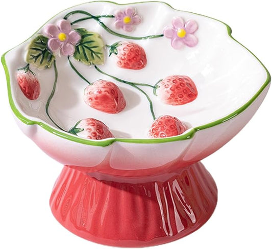 PawsPik Strawberry Blooms Elevated Ceramic Cat Bowl – Raised Cat Food Bowl with 15° Tilt, Whisker-Friendly Pet Feeding Bowl, Anti-Choking Dish, Dishwasher Safe (Red)