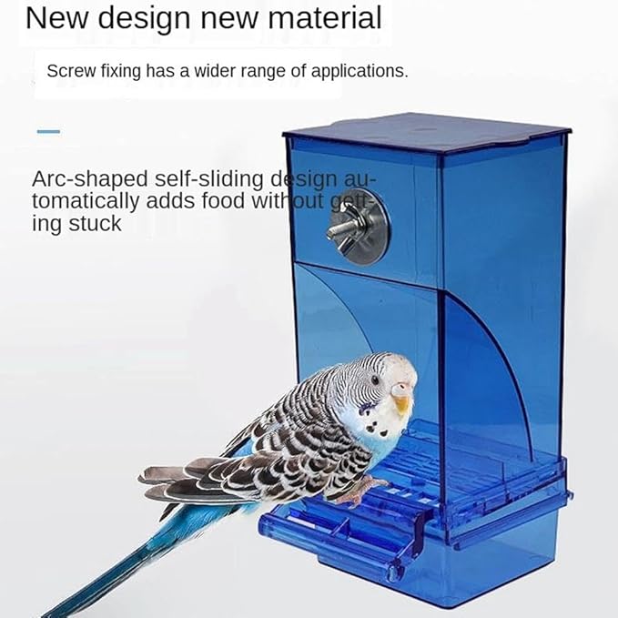 No Mess Bird Feeder for Cage,Automatic Parrot Feeder Cage Accessories,Transparent Parakeet Seed Container Food Feeder Drinker for Cage,No-Spill Transparent Bird Feeder (Blue)