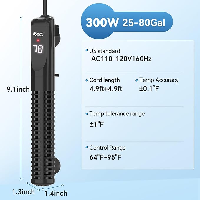hygger Ceramic Submersible Aquarium Heater, New Explosion-Proof Fish Tank Water Heater with External Temp Controller Auto Thermostat Heater for Saltwater Freshwater (300W for 25~80 Gallon)