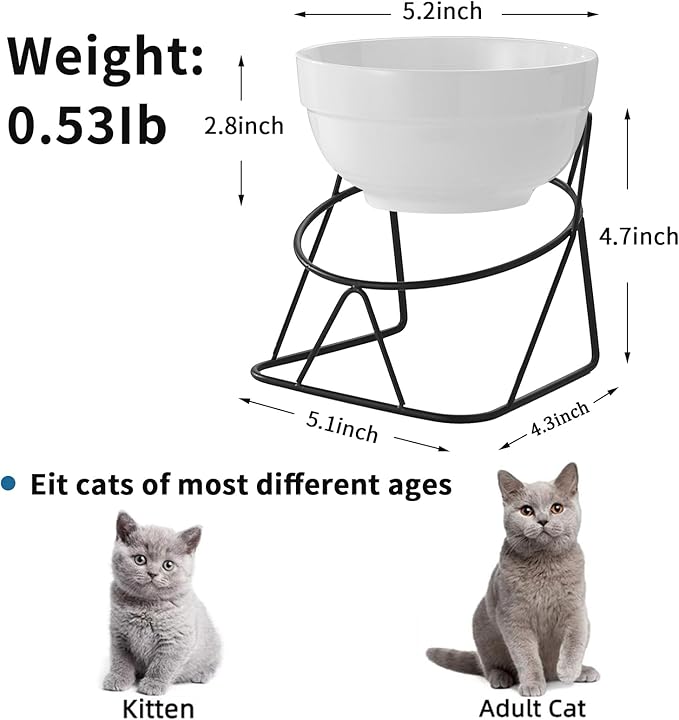 Elevated Cat Food Bowl,Ceramic Raised Water Bowl for Indoor Cats, 15°Tilted Metal Stand Anti Vomiting and Protect Spines,Whisker Fatigue Feeding Dishes,Non-slip and Dishwasher Safe
