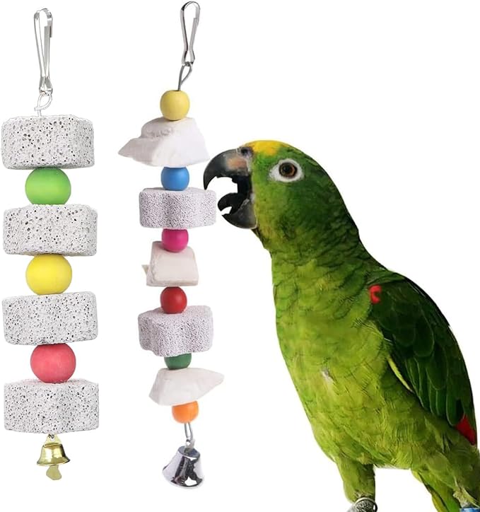 2Pcs Bird Beak Trim Cuttlebone Calcium Stone Lava Block Chew Toy Grinding Teeth Natural Minerals with Bell for African Greys Amazon Conure Eclectus Budgies Parakeet Cockatiel Hamster Chinchilla Rabbit