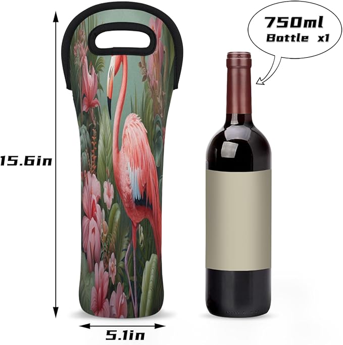 Flamingo Tropical Flowers Wine Bag Single Bottle Wine Tote Bag Neoprene Wine Carrier Bags with Carry Handle Portable Wine Bottle Holder for Travel Party Picnic