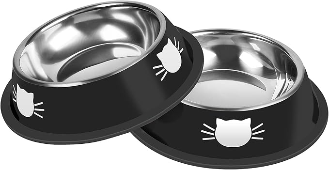 Serentive 2 Pcs Non-Slip Stainless Steel Small Cat Food Bowls - Unbreakable, Thicken 13 Oz Cat Dishes - Indoor, Removable Rubber Base, Easily Clean, Lovely Color