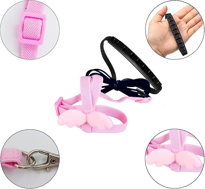 Birds Harness Leash Outdoor Flying Escape-Proof Adjustable Training Design Anti-Bite Bird Rope with Cute Wing for Parrots Scarlet Keck Mini Macaw Love Birds (Pink)
