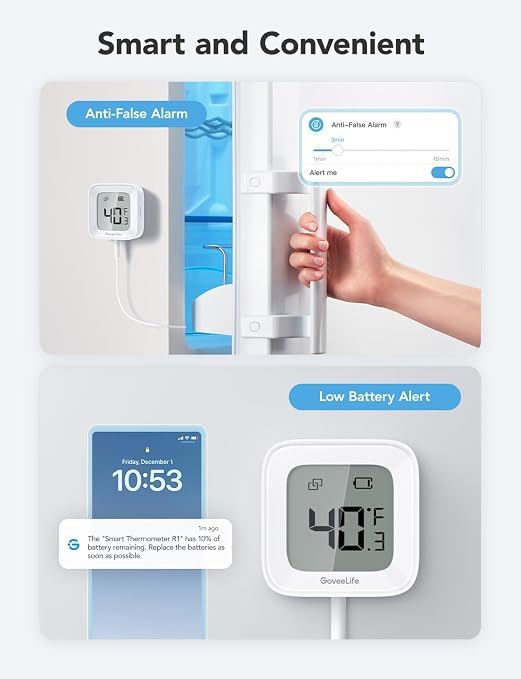 GoveeLife Bluetooth Refrigerator Thermometer with LCD Disaplay, 1-Pack | Freezer alarm fridge monitor with app alerts & anti-false, 197ft range, 2-yr data export. For freezer/fish tank/hot tub