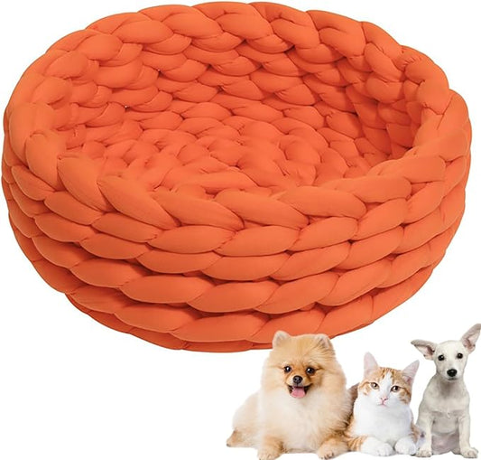 Woven Dog Bed Basket, Knitted Cotton Cat Bed Round Washable Woven Cat Pet Bed Chunky Dog Basket, Orthopedic, Chunky Knit Dog Nest,Dog Bed,Dog Cave,Dog Bedding(Orange,19")