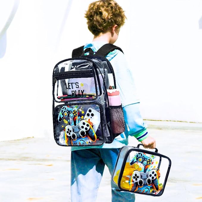 KLFVB 3PCS Clear Backpack for Girls and Boys, Kids See Through Backpacks Stadium Approved, Transparent Bookbag for Elementary