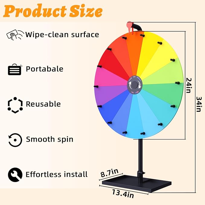 24" Prize Wheel, 14 Slots Color Spinning Prize Wheel for Tabletop, Heavy Duty Spinning Wheels with Tray, Markers, Eraser, Roulette Wheel of Fortune, Spinning Wheel for Prizes