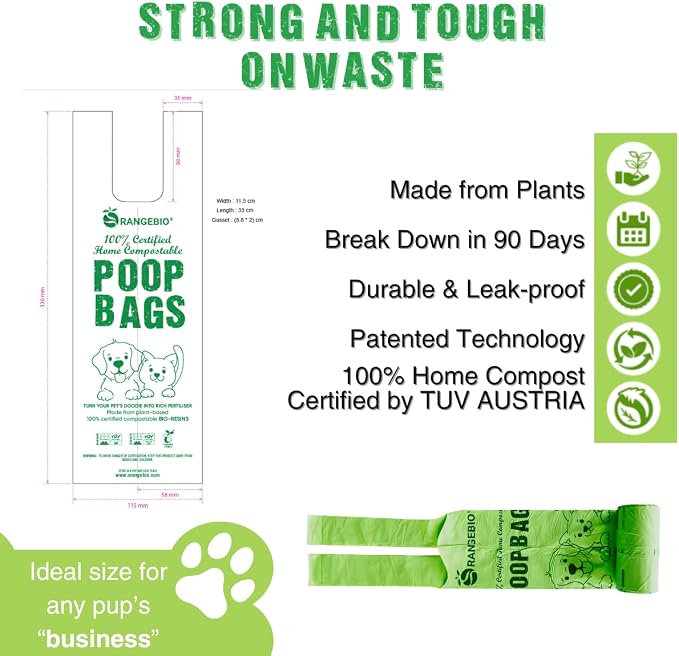 OrangeBio Dog Poop Bags with Handles, 100% Certified Home Compostable, 13 x 9 Inches - 180 Count (15 Bags per Roll, 12 Rolls), Scented, OK Compost Home Certified
