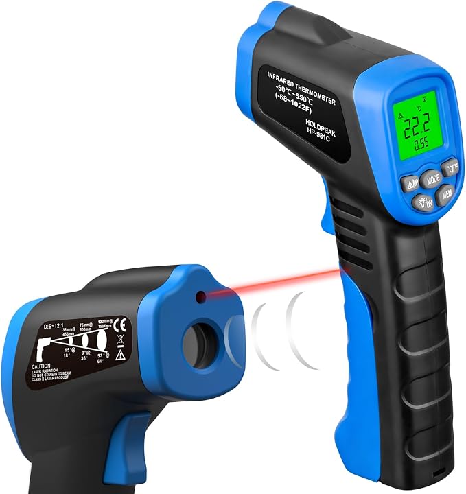 HOLDPEAK 981C Digital Laser Infrared Thermometer Non Contact, IR Heat Temperature Gun Instant-Read -58 to 1022℉ (-50 to 550℃) for Cooking, Grill, Pizza Oven, Griddle, Engine, HVAC, Not for Human