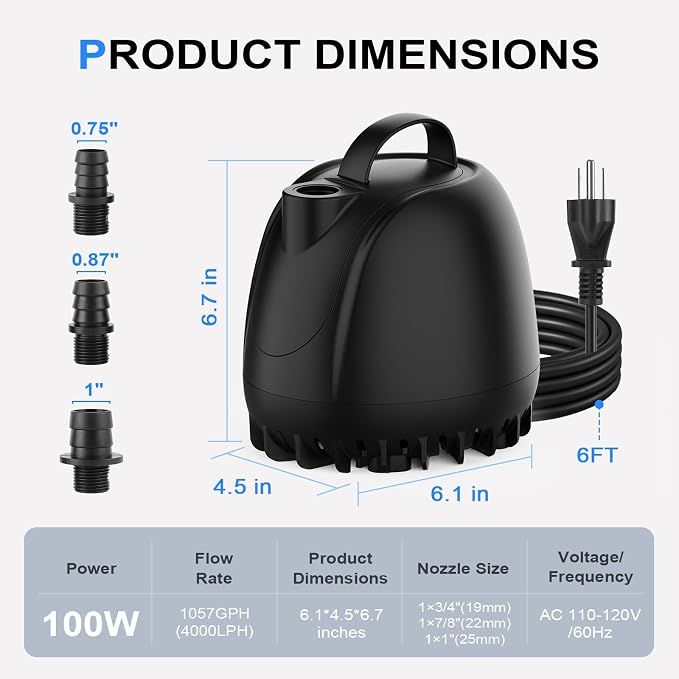 hygger 1057GPH Submersible Aquarium Water Pump (4000L/H) with 3 Nozzles | Ultra Quiet 100W Fish Tank Pump with Ceramic Shaft, Overheat Protection for Aquarium, Pond, Hydroponics (9.8ft Lift)