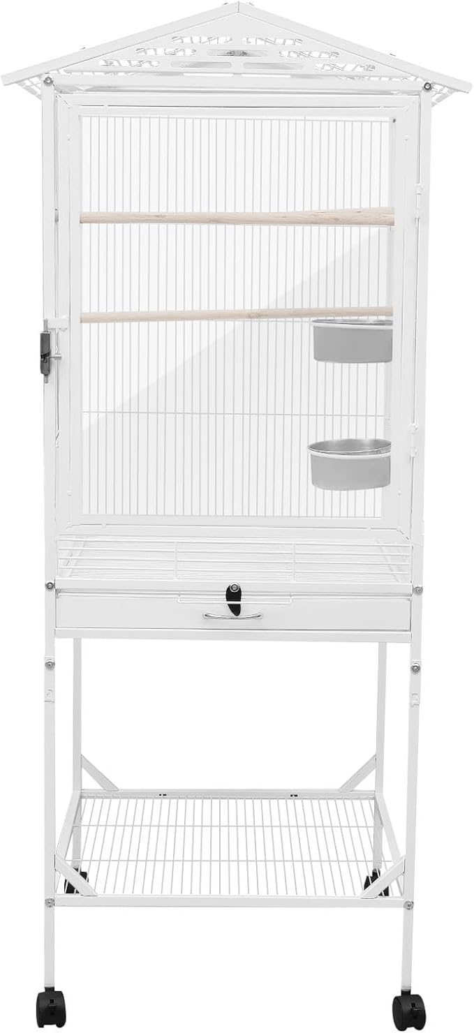 49" H Large Bird Cage with Wheels, Iron Bird Cage with Pull-Out Tray Rolling Stand Clear Acrylic Door Bird Flight Cage with Stand Bars and Feeding Bowls for Small and Medium-Sized Parrots