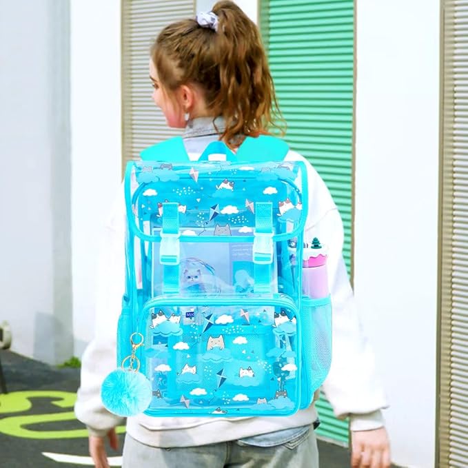 17" Cat Clear Backpack for Girls - 3Pcs Flip Design Stadium Approved Set, Campus/School Transparent Bookbag (Blue)