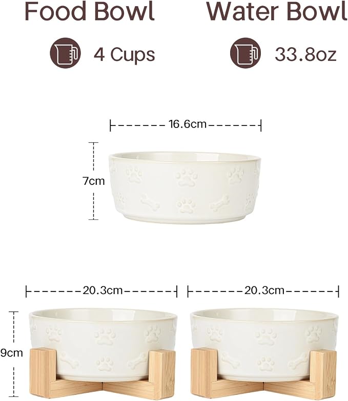 Ceramic Dog Bowls with Stand, 6.5 inch Dog Food Water Bowl Set for Medium Small Dogs Pet Dishes Set of 2, White with Cute Pattern