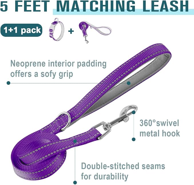 Dog Collar for Medium Small Large Dogs Reflective with Leash,Collar and Leash for Dogs,Soft Neoprene Padded 2 Pack(Purple,L)