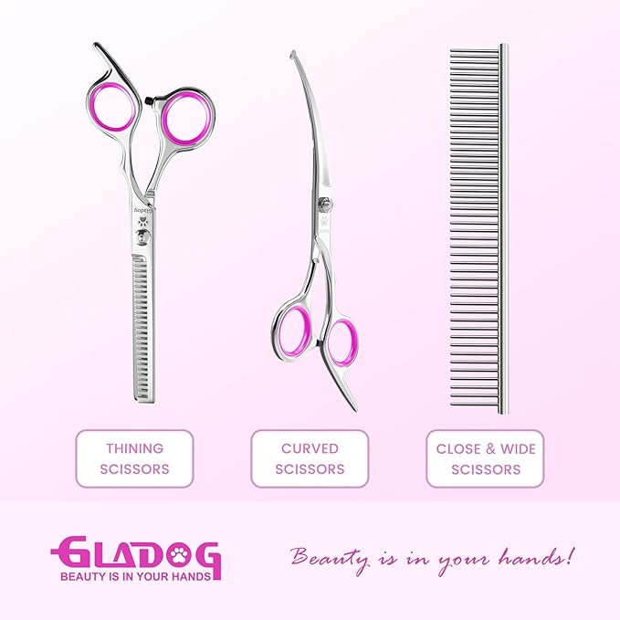 GLADOG Professional 4 in 1 Dog Grooming Scissors Set with Safety Round Tips, Sharp and Heavy-duty Pet Grooming Shears for Cats (Pink)