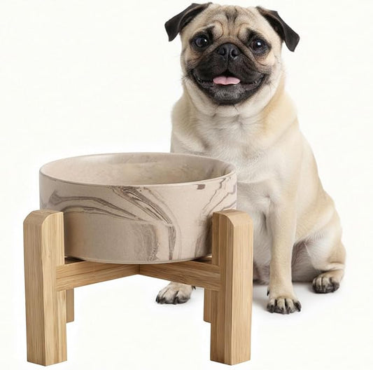 hjn Elevated Ceramic Dog Bowl with Bamboo Stand, Raised Pet Feeding Station for Small Medium Dogs Cats, Modern Design with Anti-Slip Base (Marble Brown, 3.6Cup)