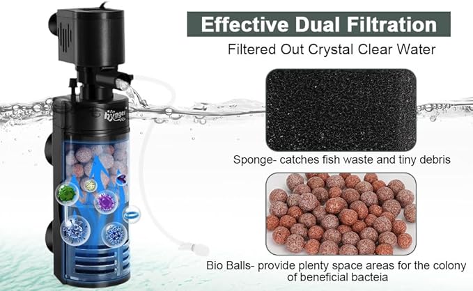 hygger Quiet Electric Aquarium Sponge Filter 10-40 Gallon Fish Tank Filter with Bio Balls Airtubing, Submersible Aquarium in-Tank Power Filter 7W 100 GPH