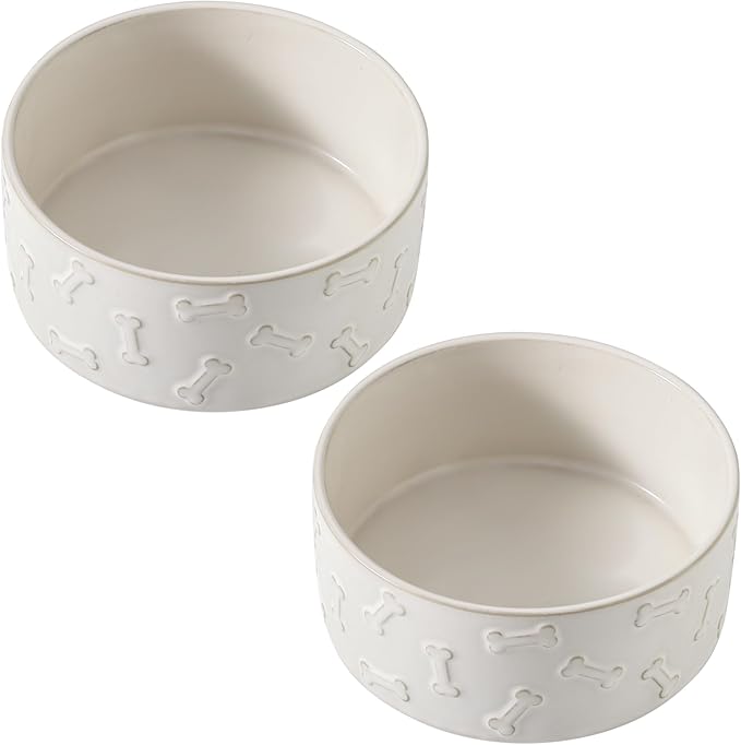 UBEE Ceramic Dog Bowl Set of 2, Dog Food Bowl Dish, Pet Food Water Dish Feeding for Small and Meidum Dogs and Large Cat, White, Bone Pattern, 6.1 in-Medium