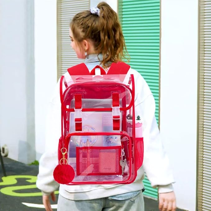 17" Flip Top Clear Backpack for Girls, 3Pcs Stadium Approved Set, Heavy Duty Transparent Bookbag for Gym/School (Red)