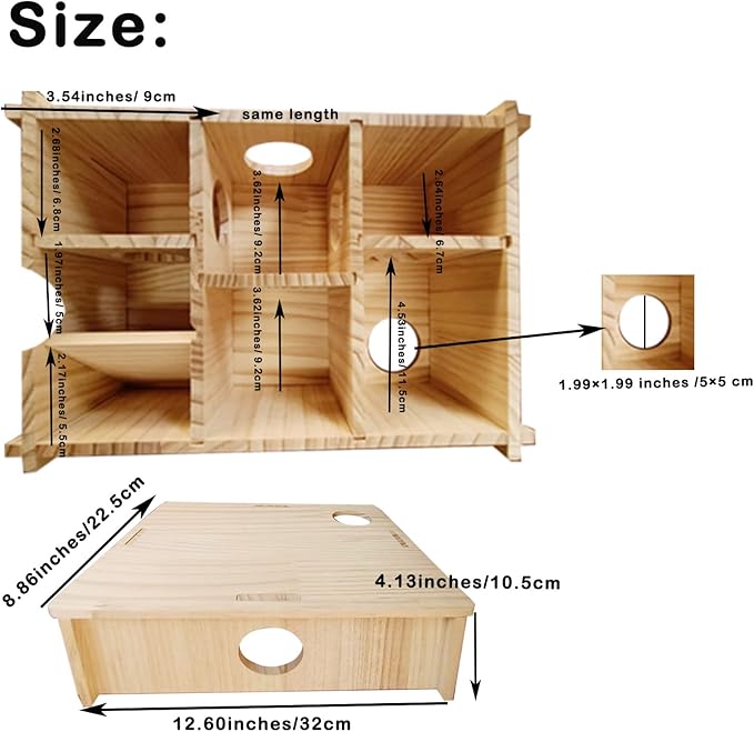 Multi Room Hamster Hideout,Wooden Hamster Multichamber House Platform,Chamber-Maze Gerbil Hideout Wood Tunnel Pet Rat Cage Accessories