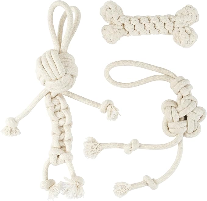 3 Pack Cotton Rope Dog Toy Set, Indestructible Chew Toys for Aggressive Chewers, Puppy Teething Toys with Bone, Human & Chinese Knot Designs for Boredom Relief & Tug of War， White