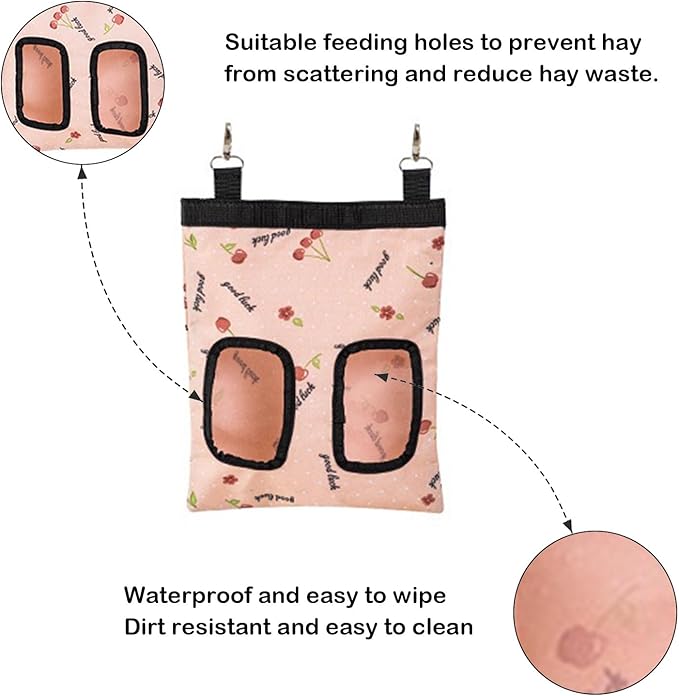 Rabbit Hay Feeder Bag, Large Capacity Rabbit Hay Bag Small Animal Hanging Hay Bag 600D Oxford Cloth Bunny Hay Feeder Bag for Rabbits Guinea Pigs Chinchillas (Pink-2 Holes-2Pcs)