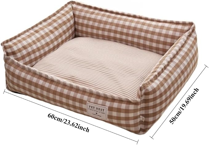 Orthopedic Rectangle Dog Bed for Medium Small Dogs, Plaid Plush Modern Puppy Sofa Bed with Anti-Slip Bottom, Cute Calming Pet Bed(Khaki,Large)