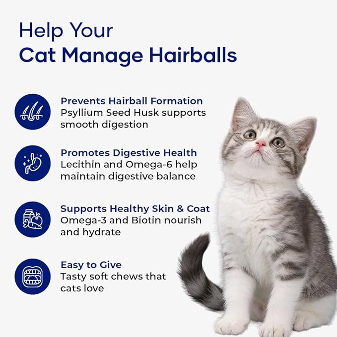 Hairball Formula for Cats – Soft Chews with Omega-3 & Biotin | Cat Hairball Remedy & Digestive Support | Supports Skin and Coat Health | Daily Cat Supplement