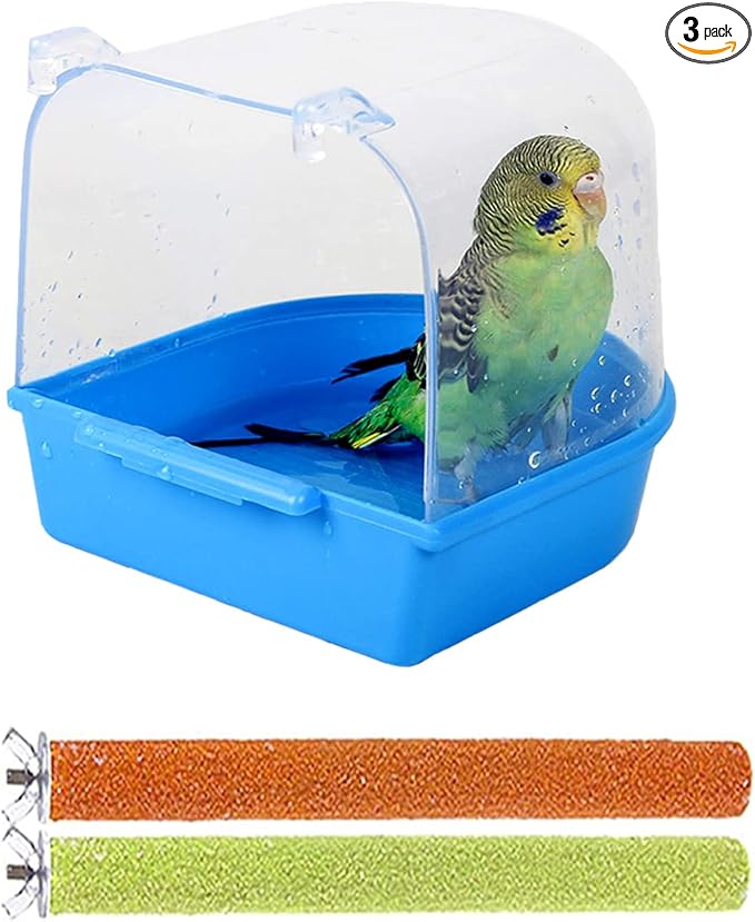 PINVNBY Parrot Bath Box Bird Bathtub Parakeet Bathing Tube with Bird Perches Stand Paw Grinding Cage Accessories Ideal for Small Birds Lovebirds Canary Finches(3 PCS Random Color)