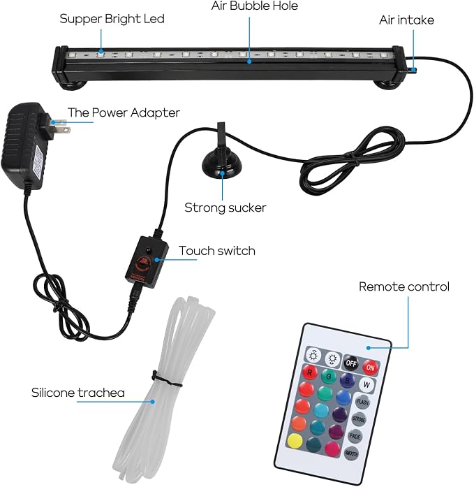 9.05 inch Submersible Aquarium Light, Fish Tank Light with Air Bubble Hole, RGB Color Changing Brightness Adjustable IP68 Waterproof Remote Control LED Light for Aquarium Fish Tank