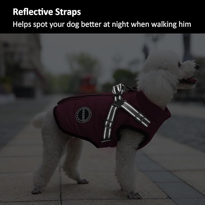 Dog Winter Coat,Warm Jacket Paded Fleece Pet Vest with Built in Harness, Windproof Reflective Cozy Adjustable Snow Dog Coat Clothes with Zipper for Small Medium Large Dogs