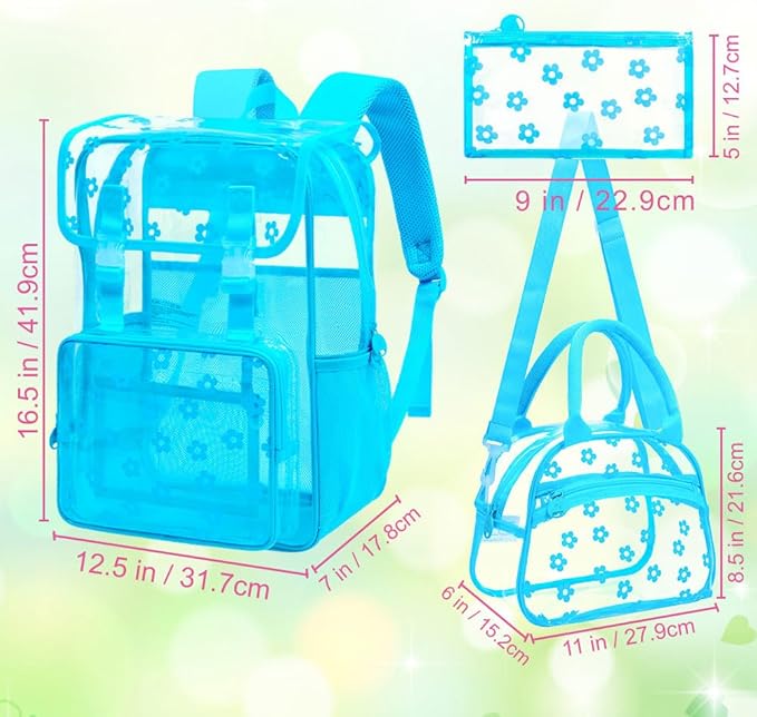 17" Plum Blossom Clear Backpack for Girls - 3Pcs Flip Design Stadium Approved Set, Campus/School Transparent Bookbag (Blue)