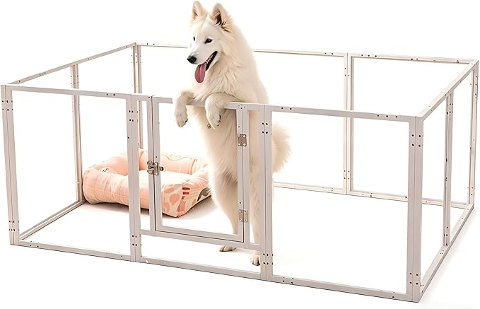 Clear Acrylic Dog Playpen with Door,Puppy Fence Indoors H:24" 10-Panel can be DIY Expanded + Splicing Height Design for Puppies/Small Dogs,White Dog Enclosure (Metal + Acrylic Material)