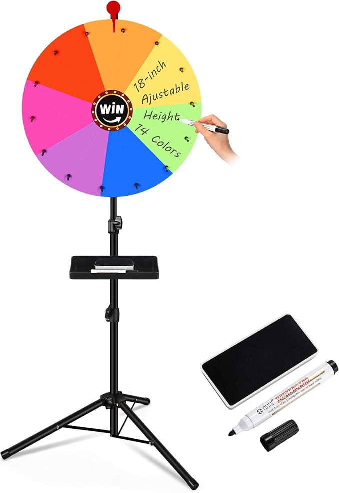 GADFISH Spinning Prize Wheel, Ajustable 37"-65" Height Spin Doodle Game Spinner, Storable Prize Wheel Spinner with Stand, Wheel of Fortune Game, 14 Slots (18")