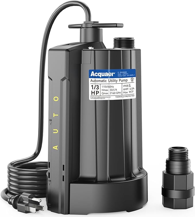 Acquaer 1/3 HP Submersible Water Pump, 115V Sump Pump with 3/4” Garden Hose Adapter, 2160 GPH High Flow Water Removal for Swimming Pool Cover Hot Tubs Flooded House Basement, Black