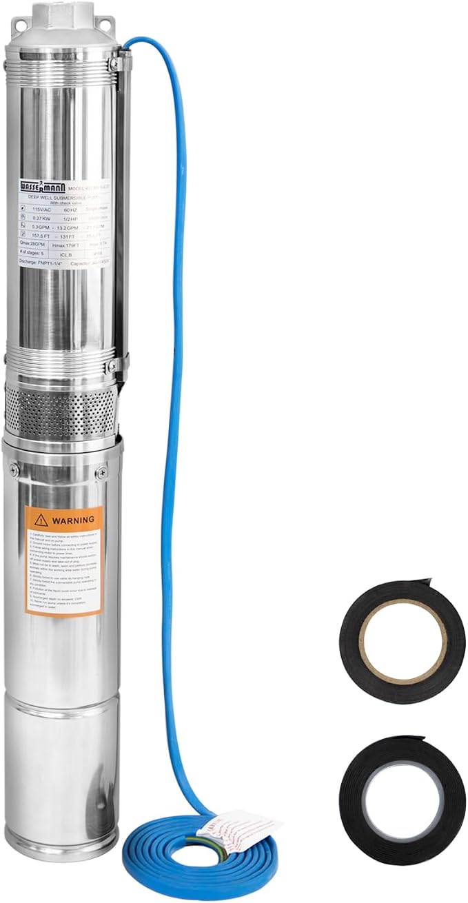 4" Deep Well Pump Submersible Well Pump with 10FT Cable,1/2HP,115V/60Hz,28GPM,179FT Head,Stainless Steel Submersible Borehole Well Water Pump for Home Farmland Irrigation and Factories