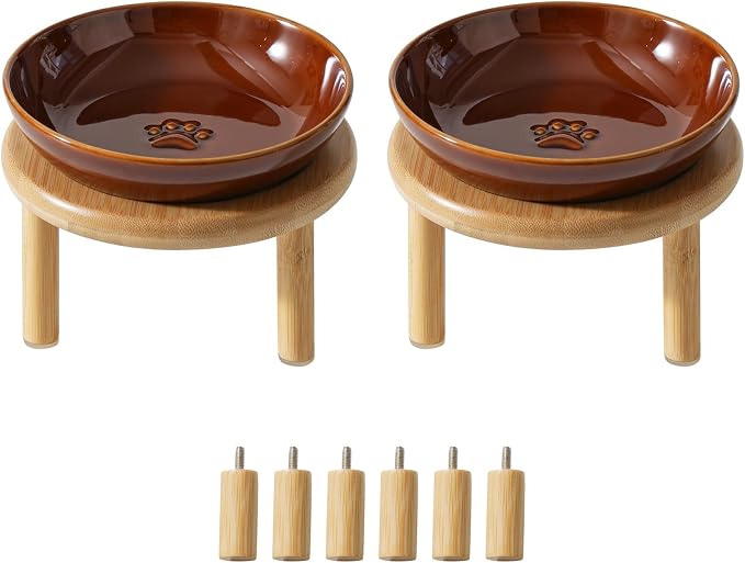 Havniva Elevated Cat Bowls Raised Ceramic Cat Bowl, 5.7” Wide Opening Cat Food Bowl Whisker Friendly Cat Dish Anti-Slip with Bamboo Stand, Shallow Pet Food & Water Bowl for Indoor Cats