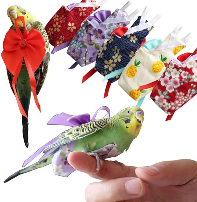 6pcs Bow Bird Diaper Set, Soft Reusable Flight Suit Clothing for Parrots Budgies Cockatiels — Cleaner Indoor Bonding & Training(S)(L)