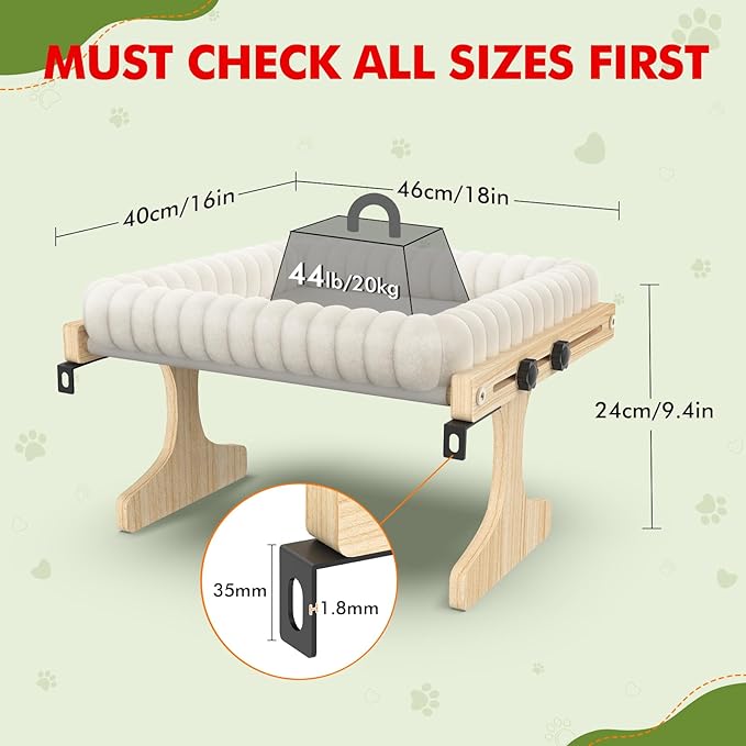 Cat Perch for Window XiaZ Cats Hammock Indoor Cat Bed for Window Adjustable Wooden Frame W/Soft Warm Plush-Lined Cushion Perfect for Bird Watching Sunbathing Space-Saving Easy Install Single Layer