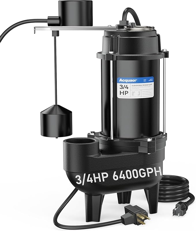 Acquaer Sewage Pump, Cast Iron, Automatic Tethered Float Switch, Sewage Effluent Pump for Sump Basin, Basement, Residential Sewage, 2'' NPT Discharge, Dark Black