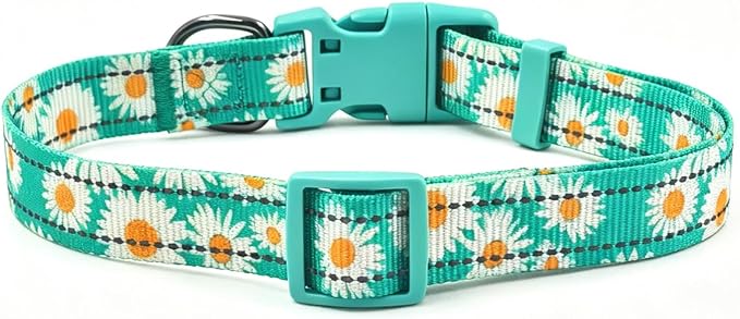 Dog Collar Leash Set, Floral Pattern, with Safety Reflective Strips, 5 ft Matching Leash, Neoprene Padded Handle, Adjustable 4 Sizes for Small Medium Large Dogs.(L, Green Daisy)