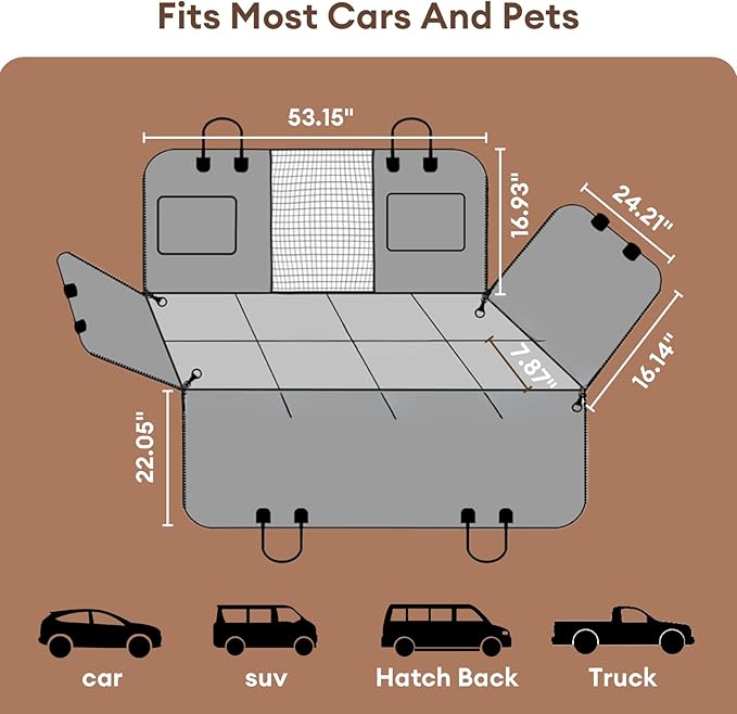 FUNNY FUZZY Dog Car Seat Cover, Back Seat Extender for Dogs - 420Lb Hard Bottom Waterproof Pet Car Seat Cover, 600D Heavy Duty Pet Hammock with Non-Slip Bottom for Cars, SUV, Trucks