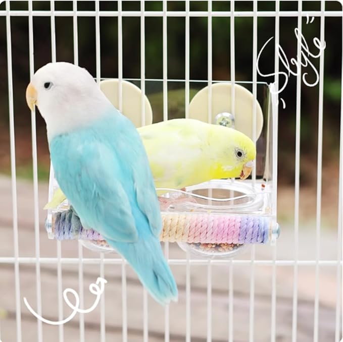 Seed Catcher Bird Feeder No Mess - Dual Bowl Cage Mount with Clear Acrylic, Colorful Hemp Rope Wrapping Wood Perch & Removable Acrylic Cups - for Budgies, Finches, Canaries, Parrotlets, Conures