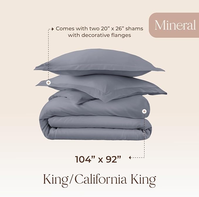100% Organic Cotton Duvet Cover King Size - Naturally Soft Lightweight & Cooling Duvet Cover Set with Decorative Shams - Premium GOTS Certified 300 Thread Count Sateen Weave (Mineral, King)